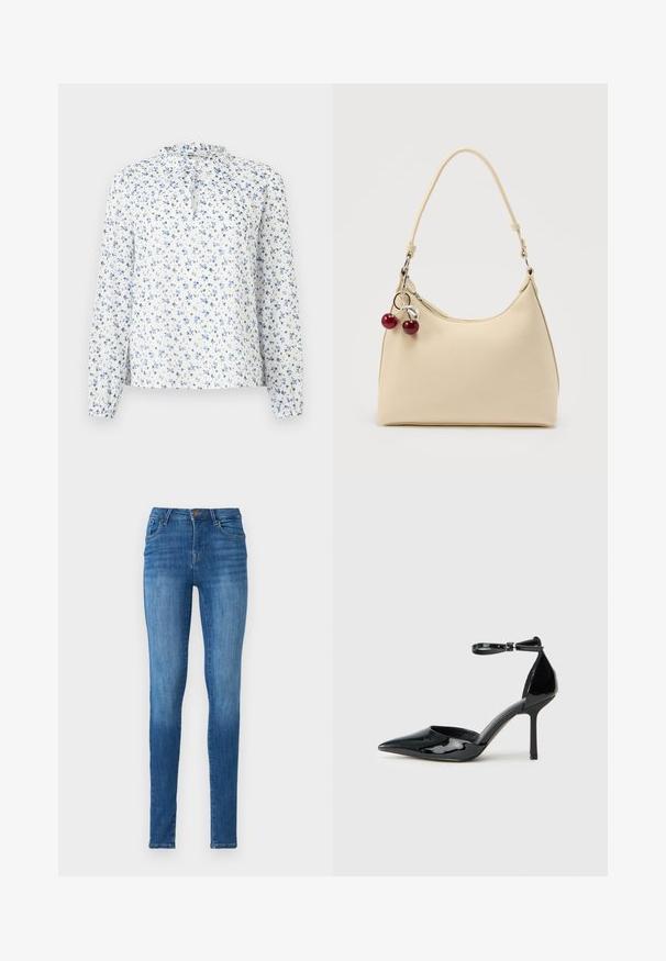 Blusa blanca de manga larga con estampado floral azul, cuello con volantes y detalle de lazo en el frente.; Jeans ajustados de denim azul oscuro, con cintura alta, diseño de cinco bolsillos, perneras rectas y un ligero desgastado en los muslos.; Zapato de charol negro de tacón alto con punta afilada, correa en el tobillo y tacón de aguja delgado; textura suave y brillante con un diseño minimalista.; Bolso de color crema con superficie texturizada, correa de un solo hombro y charm de cremallera en forma de cereza sobre fondo liso.
