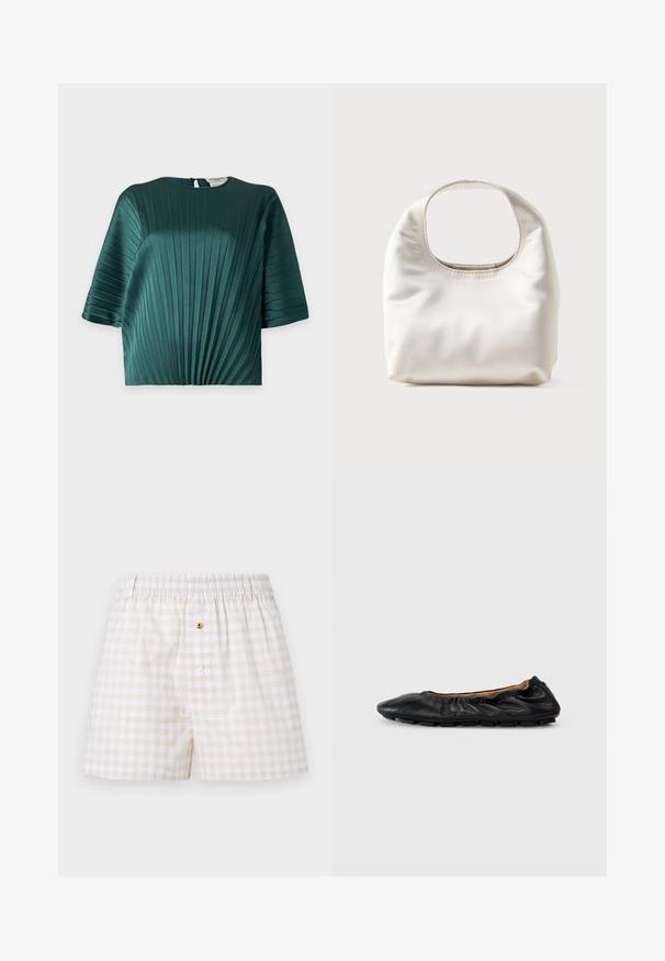 Blusa verde oscuro con pliegues verticales, mangas hasta el codo y escote redondo con un pequeño cierre de botón en la parte trasera.; Bóxers de hombre de cuadros vichy beige y blanco con cintura elástica y dos botones en la abertura frontal.; Bailarina de cuero negro con detalles fruncidos en el cuello, punta redondeada y suela de goma flexible. Textura suave en toda su superficie.; Bolso blanco suave con un asa rectangular redondeada y una textura flexible y lisa sobre un fondo claro.