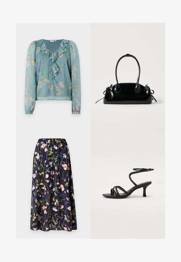 Blomsterbluse i let, gennemsigtig teal-farvet stof; har volang ved halsen, lange ærmer og små, multicolor blomsterprint over det hele.; Marineblomstret nederdel med elastisk talje, der har et print af lyserøde, blå og grønne blomster på et struktureret stof.; Even&Odd Wide Fit by Zalando Sandaler - black; Lille sort blank håndtaske med to lange håndtag og snøre-detaljer i siden på en ensfarvet lys baggrund.