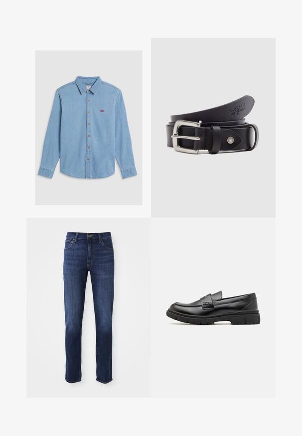 Chemise en denim bleu clair à manches longues, avec boutonnage à l'avant et col pointu. Présente des boutons marron et un petit patch logo rouge.; Jean en denim bleu foncé avec une coupe droite, comprenant un design classique à cinq poches et un fermoir à bouton en métal. Détails de décoloration subtils sur le tissu.; Mocassin en cuir noir avec une large sangle sur le devant, semelle en caoutchouc à épaisse rainure, et texture lisse. Design classique et élégant.; Ceinture en cuir noire avec une boucle en métal argenté, un bouton-pression pour l'ajustement et des détails embossés sur le cuir. Texture lisse sur toute la surface.