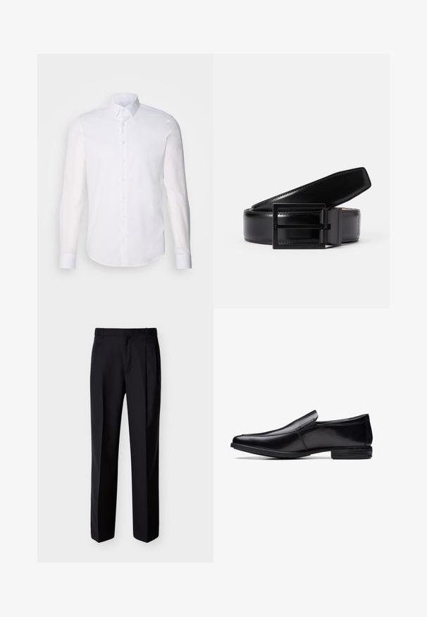Chemise blanche à manches longues en coton, dotée d'un col classique, de boutons à l'avant et de détails de couture minimalistes.; Pantalon noir ajusté à coupe droite, avec un devant plissé et des poches latérales. Confectionné dans un tissu lisse et léger à motif uni.; Chaussure noire en cuir à enfiler avec un bout pointu, finition polie, détails de couture subtils et semelle en caoutchouc à profil bas.; Ceinture en cuir noir avec une finition lisse, dotée d'une boucle en métal noir carré. La ceinture présente des coutures discrètes et un design classique.