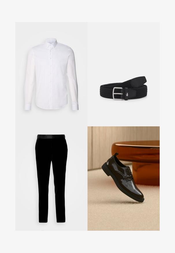 Hvid langærmet button-up skjorte lavet af bomuld, med en klassisk krave, frontknapper og minimal syning detalje.; Sorte fløjlsbukser med en skræddersyet pasform, glat tekstur og en matchende talje. Har lige ben og sidelommer.; Sort skinnende læder snøresko flydende over et beige tæppe med et blankt brunt rundt bord i baggrunden.; Sort vævet bælte med en sølvfarvet metalspænde. Har læderdetaljer og et lille logo. Teksturen er fleksibel og holdbar.