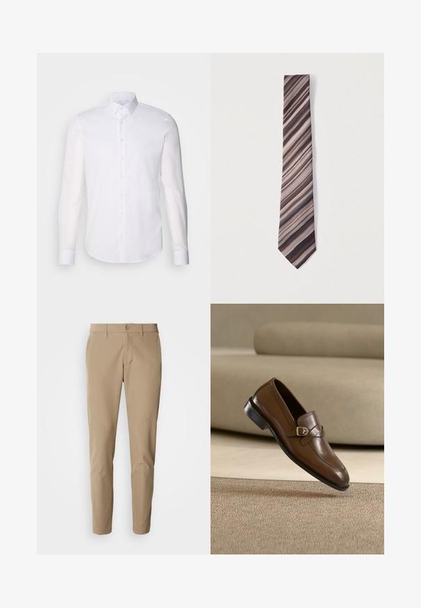 Valkoinen pitkähihaista napitettava paita, joka on valmistettu puuvillasta. Paitassa on klassinen kaulus, etunapit ja vähäinen ompelu yksityiskohtana.; Beige housut, jotka on valmistettu sileästä kankaasta suoralla leikkauksella, napilla suljettuna ja etutaskuilla, varustettu vyölenkeillä.; Ruskea nahkalokari hopeisella solkikoristeella, sijoitettuna ilmassa beigen maton yläpuolelle ja beigen sohvan eteen.; Raitapöytä ruskean, beigen ja laivastonsinisen sävyissä. Valmistettu sileästä kankaasta, jossa on kapeneva pää ja selkeä vaakakuosi.
