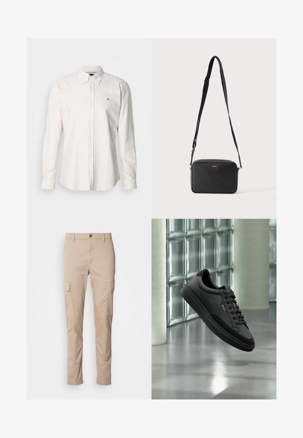 Gestreiftes Langarmhemd in Hellbeige und Weiß. Verfügt über einen Button-Down-Kragen, Knöpfe vorne und ein kleines Logo auf der Brust.; Beige Cargo-Hosen mit zwei seitlichen Taschen, slim fit, aus leichtem Stoff, mit einem Knopfverschluss vorne und Gürtelschlaufen.; Schwarzer Leder-Sneaker im Low-Top-Stil mit schwarzen Schnürsenkeln und goldenem "BOSS"-Logo, in der Luft vor einer Glasbausteinwand und grauem Boden gezeigt.; Schwarze rechteckige Umhängetasche mit verstellbarem Riemen und BOSS-Logo auf der Vorderseite, vor einem einfarbigen hellen Hintergrund.