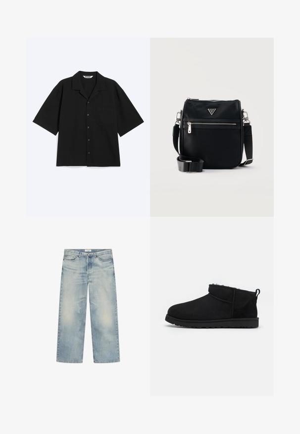 Zwart kortarmig overhemd met knopen, campkraag en borstzak, plat neergelegd op een lichte achtergrond.; Lichtblauwe denim wijde broek met vervaagde delen, vijfzakkenontwerp en een gulp met knopen. Bovenlabel toont merknaam.; Zwarte suède enkellaarsjes met een zachte, gestructureerde voering, een lage rubberen zool en een lus aan de achterkant voor gemakkelijk aantrekken.; Zwarte crossbodytas met een voorvak met rits, zilveren rits en sluiting, verstelbare band en een driehoekig Guess-logo aan de bovenkant vooraan.