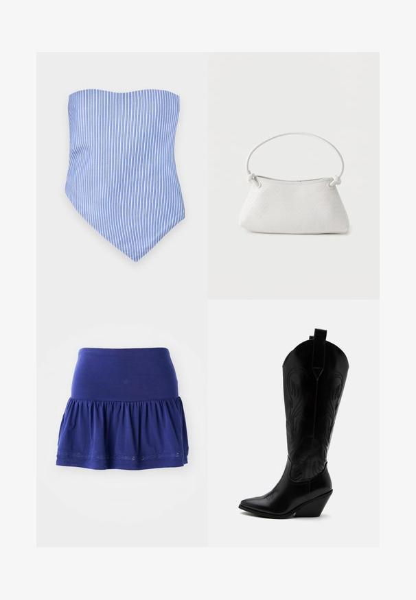 Trägerloses Top in Blau und Weiß mit vertikalen Streifen und spitzem Saum. Hergestellt aus leichtem Stoff, mit glatter Textur und taillierter Passform.; Dunkelblaues Jerseykleid mit einem gerafften Saum, elastischem Bund und dekorativem besticktem Saum. Weicher, leichter Stoff.; Schwarzer Leder-Cowboystiefel mit spitzer Zehe, schrägem Blockabsatz, dekorativer Naht und Zuglaschen oben vor weißem Hintergrund.; Weiße gewebte Lederhandtasche mit abgerundetem Griff und verknoteten Riemenenden, vor schlichtem Hintergrund präsentiert.