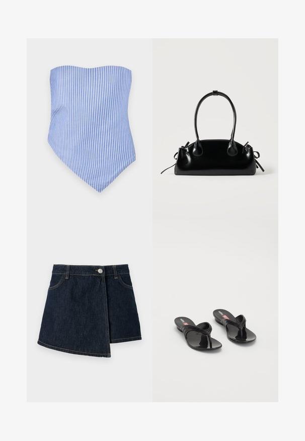 Strapless top i blå og hvid med lodrette striber og spidse kanter. Lavet af letvægtsstof, der har en glat overflade og en skræddersyet pasform.; Jeansskørt med en mørk vask, A-formet design, frontlukning med knapper og subtile syninger. Har en sidelukning.; Melissa QUANTUM THONG X DIESEL - Sandaler m/ tåsplit - black; Lille sort blank håndtaske med to lange håndtag og snøre-detaljer i siden på en ensfarvet lys baggrund.