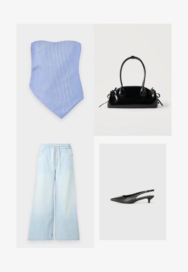 Haut sans manches à rayures verticales bleu et blanc avec un ourlet pointu. Fabriqué en tissu léger, avec une texture lisse et une coupe ajustée.; Pantalon en jean bleu clair à jambes larges avec taille élastique et cordon blanc, doté de poches avant et d’un léger effet délavé.; Chaussure slingback noire à bout pointu en cuir lisse. Présente un talon fin et un détail de boucle sur la sangle réglable.; Petit sac à main noir brillant avec deux longues anses et des détails à cordon sur les côtés sur un fond clair uni.
