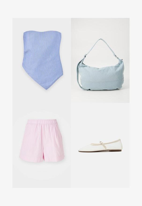 Trägerloses Top in Blau und Weiß mit vertikalen Streifen und spitzem Saum. Hergestellt aus leichtem Stoff, mit glatter Textur und taillierter Passform.; Hellrosa Shorts mit weißen vertikalen Streifen, verfügen über einen elastischen Bund und einen lockeren Schnitt, hergestellt aus weichem, leichtem Stoff.; Weißer Mary Jane Ballerinaschuh mit spitz zulaufender Schuhspitze, dünnem verstellbarem Riemen mit silberner Schnalle und brauner Sohle auf weißem Hintergrund.; Hellblaue Denim-Schultertasche mit runder Form, verstellbarem Gürtel und subtilen Nähten am unteren Rand. Weiche Textur.