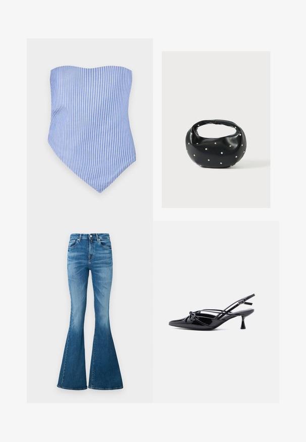 Trägerloses Top in Blau und Weiß mit vertikalen Streifen und spitzem Saum. Hergestellt aus leichtem Stoff, mit glatter Textur und taillierter Passform.; Schicke Schlagjeans aus mittelschwerem Denim mit hoher Taille, in hellblauer Farbe, dezenten Verblassungen und klassischem Fünf-Taschen-Design.; Schwarzer Slingback-Pumps aus Lackleder mit spitzer Zehenpartie, niedrigem Kitten-Heel und dekorativer, geknoteter Schleife vorne.; Schwarze Lederhandtasche mit abgerundeter Form, verziert mit silbernen Nietenakzenten und kurzem Griff. Glatte Struktur und Reißverschlussverschluss.