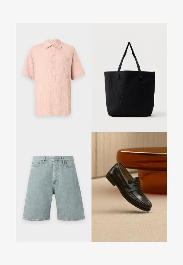 Rosa Kurzarmhemd aus strukturiertem Stoff mit durchgehender Knopfleiste und einer einzelnen Brusttasche. Klassisches Kragen-Design.; Hellblaue Jeans-Shorts mit lässiger Passform, fünf Taschen und Knopfverschluss. Abgeriebene Textur mit sichtbaren Nähten.; Glänzender schwarzer Leder-Loafer mit einem Riemendetail, auf einem beigen Teppich neben einem runden braunen Couchtisch in einem sanft beleuchteten Raum platziert.; Schwarze Canvas-Shopper-Tasche mit zwei Schulterriemen und einem dezenten, eingeprägten kreisförmigen Design auf der Vorderseite.