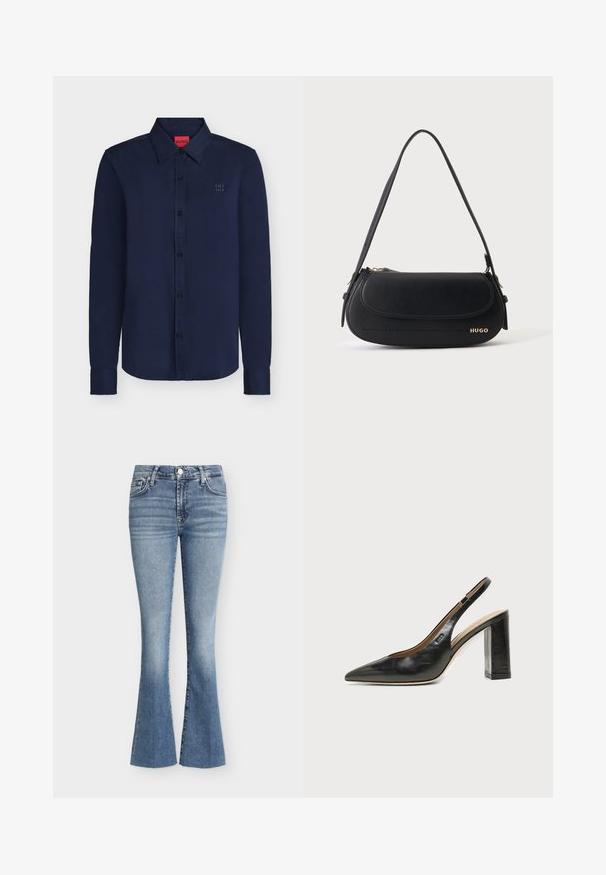 Chemise bleu marine à manches longues avec boutons, col pointu, logo "HUGO" brodé sur la poitrine gauche et étiquette intérieure rouge au niveau du cou.; Jeans évasés en denim bleu avec bouton et fermeture éclair à l'avant, deux poches avant et un effet de lavage délavé.; Chaussure slingback en cuir noir à bout pointu avec un talon bloc haut et une doublure intérieure beige sur un fond clair uni.; Sac à épaule en cuir noir avec rabat incurvé, logo doré "HUGO" sur le devant, et une bandoulière réglable.