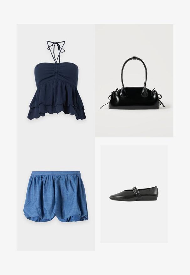 Navyblaues trägerloses Oberteil mit gefaltetem Oberteil, fransigem Saum und dünnen Halsschlaufen. Weicher, texturierter Stoff mit lockerer Passform, ideal für die Freizeit.; Blaue, leichte Shorts mit einem gerafften, elastischen Bund und einem luftigen, strukturierten Design. Sie verfügen über eine weiche Stoffoberfläche und einen lockeren Schnitt.; Schwarze Lederflachschuhe mit spitzem Zehenbereich, ausgestattet mit einem metallischen Riemen über dem Spann und einer niedrigen, flexiblen Sohle.; Kleine schwarze glänzende Handtasche mit zwei langen Griffen und seitlichen Kordelzug-Details vor einfachem hellem Hintergrund.