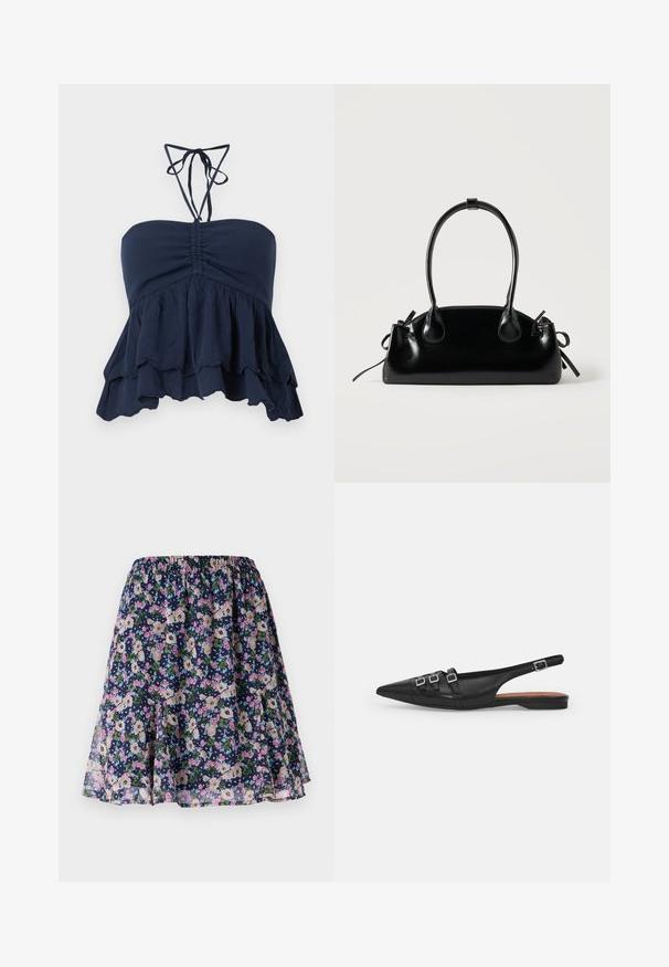 Marineblå strapless top med en samlet bodice, volangkant og tynde halssnore. Blødt, tekstureret stof med en afslappet pasform, ideel til afslappet brug.; Blomsterkjole med elastisk talje. Har en mørk navy baggrund med pink, hvide og grønne blomstermønstre. Let og svalende stof.; Sort læderslyngeflad sko med spids tå, der har to vandrette stropper og firkantede sølvspænder, lav hæl og glat tekstur.; Lille sort blank håndtaske med to lange håndtag og snøre-detaljer i siden på en ensfarvet lys baggrund.