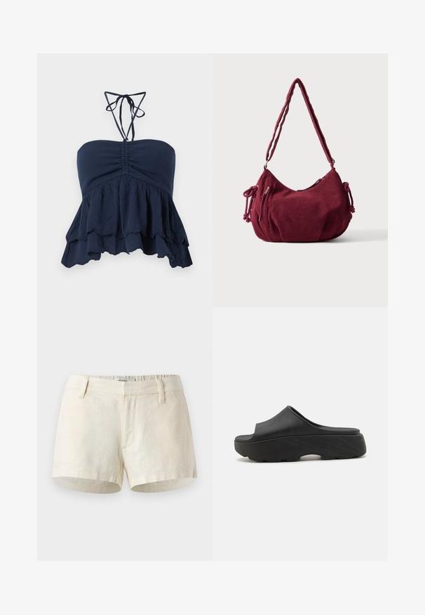 Top sans bretelles bleu marine avec un corsage froncé, un ourlet à volants et de fines lanières au cou. Tissu doux et texturé avec une coupe décontractée, idéal pour un usage quotidien.; Shorts beige clair en lin. Dotés d'une taille plate, de poches avant et d'un ourlet net. Design simple et minimal.; Sabot noir à enfiler avec un dessus largement ouvert, semelle épaisse texturée et semelle intérieure ergonomique. Le matériau semble flexible et durable.; Sac d'épaule en velours côtelé bordeaux doux avec une sangle réglable, fermeture éclair, liens latéraux et une poche avant zippée.