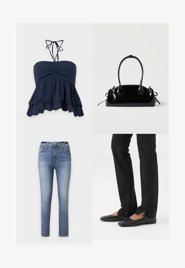 Navyblauw strapless top met een gegatherde borstpartij, gerimpelde zoom en dunne schouderbandjes. Zachte, textuurstof met een ontspannen pasvorm, ideaal voor casual wear.; Lichtblauwe hoge taille jeans met een slim fit, voorzien van vijf zakken en een rits, gemaakt van denim met een gladde textuur.; Benen met zwarte smalle broek met voorsplitten aan de zoom, gecombineerd met zwarte platte Mary Jane-schoenen met een klein gespje.; Kleine zwarte glanzende handtas met twee lange hengsels en zijkant trekkoord details op een effen lichte achtergrond.