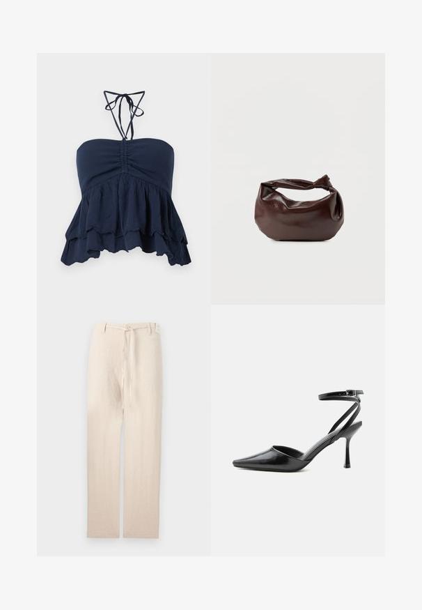 Top sin tirantes azul marino con un cuerpo fruncido, dobladillo con volantes y delgadas cintas al cuello. Tejido suave y texturizado con un ajuste relajado, ideal para un look casual.; Pantalones de lino beige con un diseño de pierna recta, que presentan un cierre de botón y una corbata de tela en la cintura, ofreciendo una apariencia ligera y texturizada.; Zapato de tacón alto negro de punta fina con delgadas correas en el tobillo y cierre de hebilla plateada sobre un fondo liso claro.; Bolso de hombro de cuero marrón oscuro con una forma suave y caída, y un asa con nudo torcido sobre un fondo blanco liso.