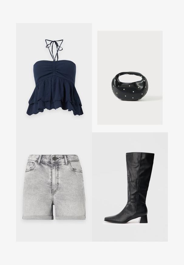 Top sin tirantes azul marino con un cuerpo fruncido, dobladillo con volantes y delgadas cintas al cuello. Tejido suave y texturizado con un ajuste relajado, ideal para un look casual.; Pantalones cortos de denim gris con dobladillos enrollados, diseño de cinco bolsillos y cierre central con botón. Textura suave con ligeros detalles de desvanecimiento.; Bota de cuero negra hasta el medio de la pantorrilla con punta afilada y tacón cuadrado sobre un fondo claro y liso.; Bolso de mano de cuero negro con forma redondeada, decorado con detalles de tachuelas plateadas y un asa corta. Textura lisa y cierre con cremallera.