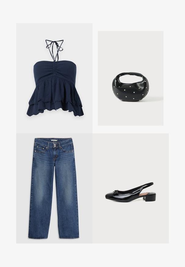 Marineblå strapless top med en samlet bodice, volangkant og tynde halssnore. Blødt, tekstureret stof med en afslappet pasform, ideel til afslappet brug.; Blå denim bredbenede jeans med knaplukning, fem lomme-design, let falming på lårene og syningsdetaljer på sømmene.; Sort laklæder slingback sko med lav blokhæl og lille sløjfedetalje på den runde tå, vist i sidevisning mod hvid baggrund.; Sort læderhåndtaske med en rundet form, dekoreret med sølvnitter, og et kort håndtag. Glat tekstur og lynlåslukning.