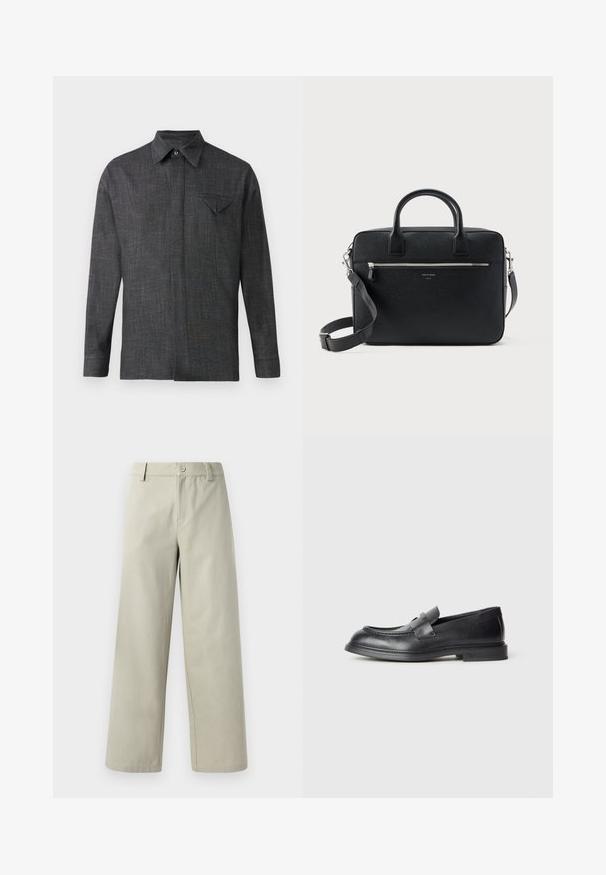 Grå langærmet skjorte lavet af struktureret stof. Har en spidse krave og en lille brystlomme med en trekantet klap.; Han Kjøbenhavn WIDE LEG - Bukser - light grey; Sorte læder loafers med en struktureret finish, der har en dekorativ frontrem og en rundet tå. Gummisål for holdbarhed.; Sort struktureret rektangulær lædermappe med dobbelthåndtag, lynlåslomme foran og justerbar skulderrem vist på hvid baggrund.