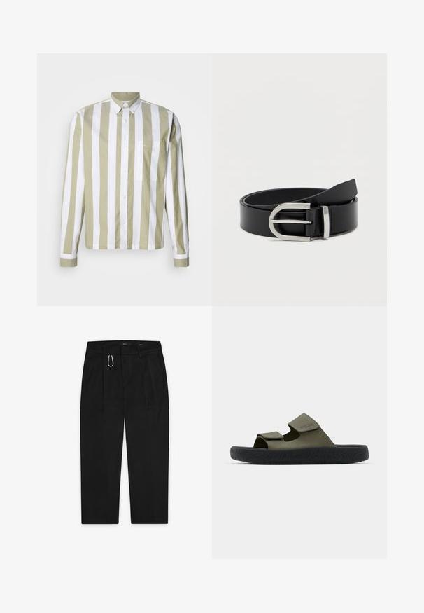 Hellolivgrünes und weiß gestreiftes Langarmhemd mit Knopfleiste, spitzem Kragen und einer einzelnen Brusttasche. Baumwollstoff.; Schwarze Hose mit geradem Bein-Design, ausgestattet mit einem silbernen Karabinerclip und zwei Seitentaschen. Hergestellt aus glattem Stoff.; Grüne Gummisandalen mit zwei verstellbaren Riemen und einer strukturierten schwarzen Sohle mit einem Profilmuster. Markenlogo auf dem Riemen sichtbar.; Schwarzer Leder-Gürtel mit einer glatten Oberfläche, ausgestattet mit einer silbernen Metallschnalle und einer klassischen rechteckigen Form.