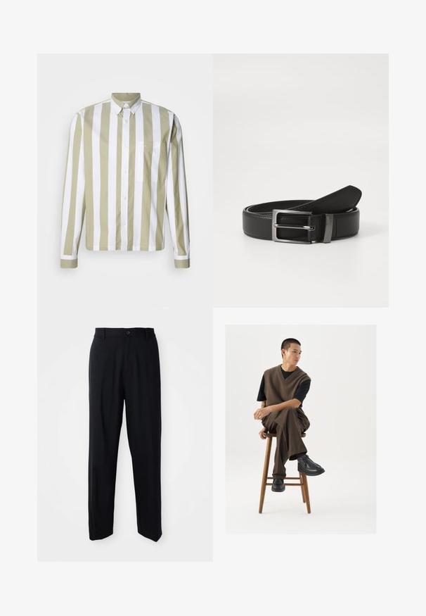 Hellolivgrünes und weiß gestreiftes Langarmhemd mit Knopfleiste, spitzem Kragen und einer einzelnen Brusttasche. Baumwollstoff.; Schwarze gerade geschnittene Hosen mit Gürtelschlaufen, Knopfschluss und einem eleganten, minimalistischen Design auf einem neutralen Hintergrund.; Brauner Strickwesten über einem schwarzen T-Shirt, kombiniert mit braunen weiten Hosen und schwarzen klobigen Schuhen, auf einem Holzschemel sitzend.; Schwarzer Ledergürtel mit einer silbernen Metallschnalle, der eine glatte Oberfläche und ein klassisches Design aufweist. Der Gürtel ist ordentlich gefaltet.