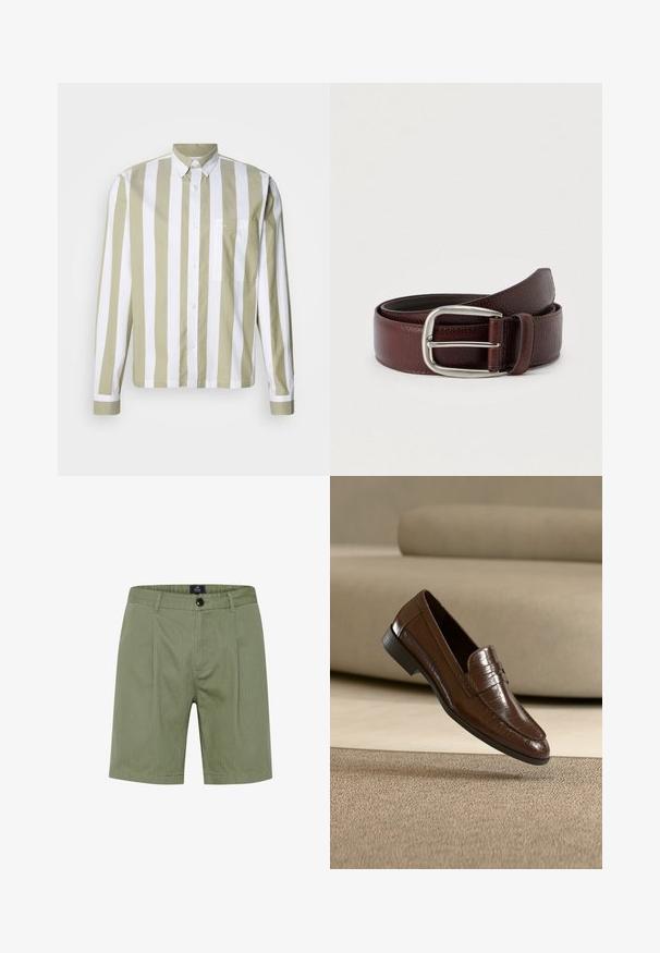 Camisa de manga larga con rayas en oliva claro y blanco, cierre con botones, cuello puntiagudo y un único bolsillo en el pecho. Tejido de algodón.; Pantalones cortos verde oliva con un diseño a medida, que presentan un cierre de botón, bolsillos frontales y sutiles rayas verticales en una tela suave y texturizada.; Mocasín de cuero marrón con un patrón texturizado flotando sobre una alfombra beige con un sofá beige a juego de fondo.; Cinturón de cuero marrón con acabado texturizado, con una hebilla metálica plateada y una sola trabilla para ajuste. Diseño tejido cerca de la hebilla.
