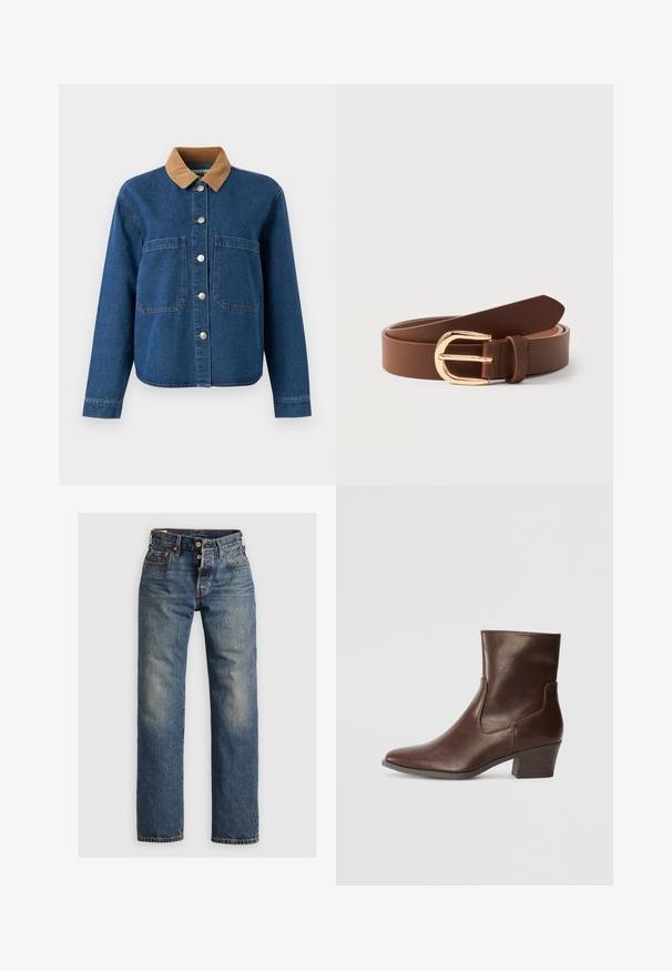 Denimjakke med en brun corduroykrave, frontlukning med knapper, to store brystlommer og en afslappet pasform. Blåt stof med subtil tekstur.; Blå denimjeans med lige ben, der har synlige sømme, en lynlås, og fem lommer. Udsatte områder tilføjer tekstur.; Brun læderankelstøvle med spids tå, mellemstor blokhæl og elastiske sider for nem påtagning. Glat tekstur og elegant design.; Brunt læderbælte med gyldent rundet spænde, rullet sammen og hvilende på en hvid overflade.