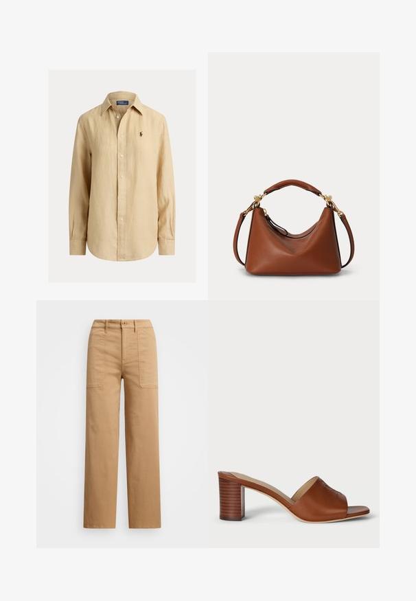 Camisa beige de manga larga con botones, cuello, pequeño logo bordado en el pecho izquierdo y botones visibles en la parte frontal.; Pantalones de algodón beige con pierna recta, que cuentan con un cierre de botón, bolsillos frontales y detalles de costura visibles.; Mules de cuero marrón con tacón, con una amplia puntera abierta, parte superior curva y un tacón cilíndrico apilado que presenta líneas horizontales.; Bolso de mano de cuero marrón con asa corta superior y correa de hombro desmontable, con herrajes en tono dorado y forma curva y holgada.