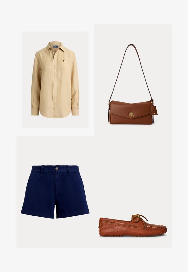 Camisa beige de manga larga con botones, cuello, pequeño logo bordado en el pecho izquierdo y botones visibles en la parte frontal.; Pantalones cortos azul marino de cintura alta con trabillas para cinturón, cierre de botón y cremallera frontal, mostrados sobre un fondo claro y liso.; Zapato mocasín de cuero marrón con detalles cosidos y lazo de cordones sobre un fondo claro liso, visto de lado.; Bolso de hombro de cuero marrón con un logo RL dorado en la solapa frontal y una pequeña etiqueta de cuero adjunta en el lateral.