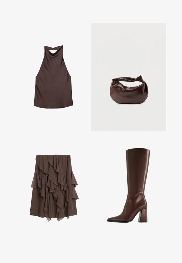 Haut sans manches en satin brun foncé avec col bénitier drapé et petit détail œillet au dos, à plat sur fond blanc.; Jupe midi marron avec volants asymétriques superposés et détails en tissu léger.; Botte en cuir marron montant jusqu'au genou, avec bout pointu et talon épais de hauteur moyenne, vue de profil sur fond blanc.; Sac bandoulière en cuir marron foncé avec une forme souple et décontractée et une anse nouée torsadée sur un fond blanc uni.