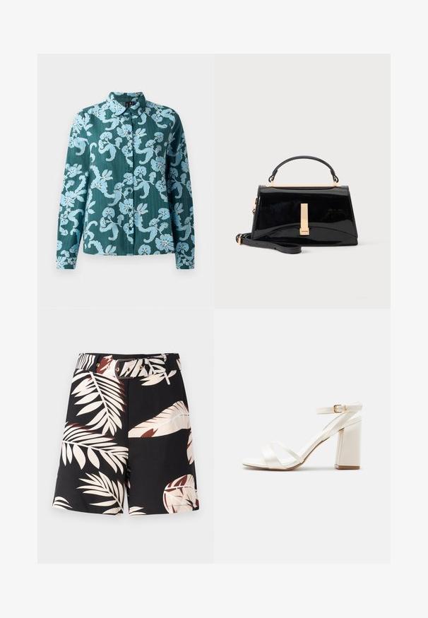 Camisa de manga larga con cuello en color verde azulado oscuro con un patrón floral en azul claro, con cierre de botones y tela suave y texturizada.; Pantalones cortos negros con un patrón de hojas tropicales en colores beis y óxido. Presenta un cinturón a juego con herrajes dorados y un corte clásico.; Sandalia blanca de tacón alto con bloque, dos tiras delanteras y una correa en el tobillo con hebilla dorada sobre un fondo liso.; Bolso negro brillante con asa superior, cierre dorado y correa de hombro desmontable sobre fondo claro liso.