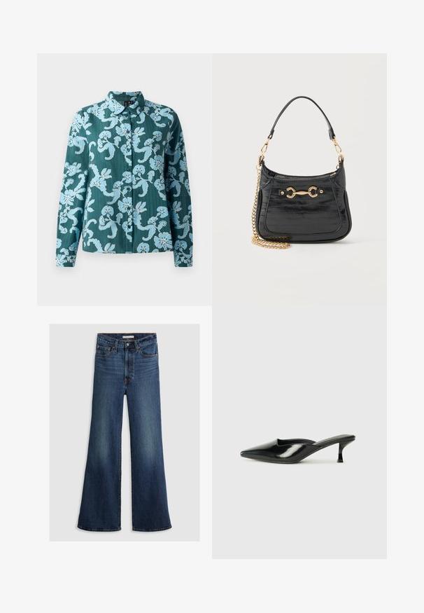 Camisa de manga larga con cuello en color verde azulado oscuro con un patrón floral en azul claro, con cierre de botones y tela suave y texturizada.; Jeans de pierna ancha en denim azul oscuro, con una cintura alta, diseño de cinco bolsillos y costuras en contraste a lo largo de las costuras y la cinturilla.; Mulas de charol negro con punta afilada, tacón bajo tipo kitten y lados curvados, con acabado brillante y diseño minimalista.; Bolso de mano negro de charol con detalle de horsebit dorado, correa corta de cuero y cadena dorada desmontable sobre fondo blanco.