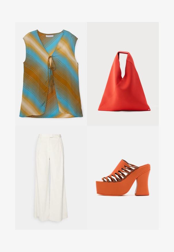 Haut sans manches multicolore en bleu, marron et crème avec des rayures ondulées. Doté d'un décolleté en V et d'un détail à nouer à l'avant.; rag & bone BENNETT PANT - Pantalon classique - ivory; Mules orange à plateforme avec un épais talon incurvé marron. Présente des découpes sur le bout des orteils et une finition lisse ressemblant à du caoutchouc.; Sac fourre-tout en tissu rouge triangulaire avec poignée supérieure et détails de coutures apparentes, debout contre un fond gris clair.