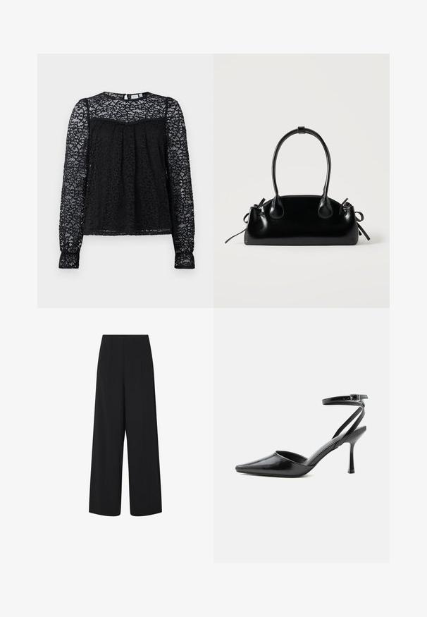 Blusa de encaje negra con un patrón floral texturizado. Presenta mangas largas, un escote redondo y detalles fruncidos en el busto.; Pantalones negros de pierna ancha y recortados con una cintura alta y bolsillos laterales, que presentan detalles de costura vertical sutil.; Zapato de tacón alto negro de punta fina con delgadas correas en el tobillo y cierre de hebilla plateada sobre un fondo liso claro.; Pequeño bolso negro brillante con dos asas largas y detalles de cordón lateral sobre un fondo claro liso.