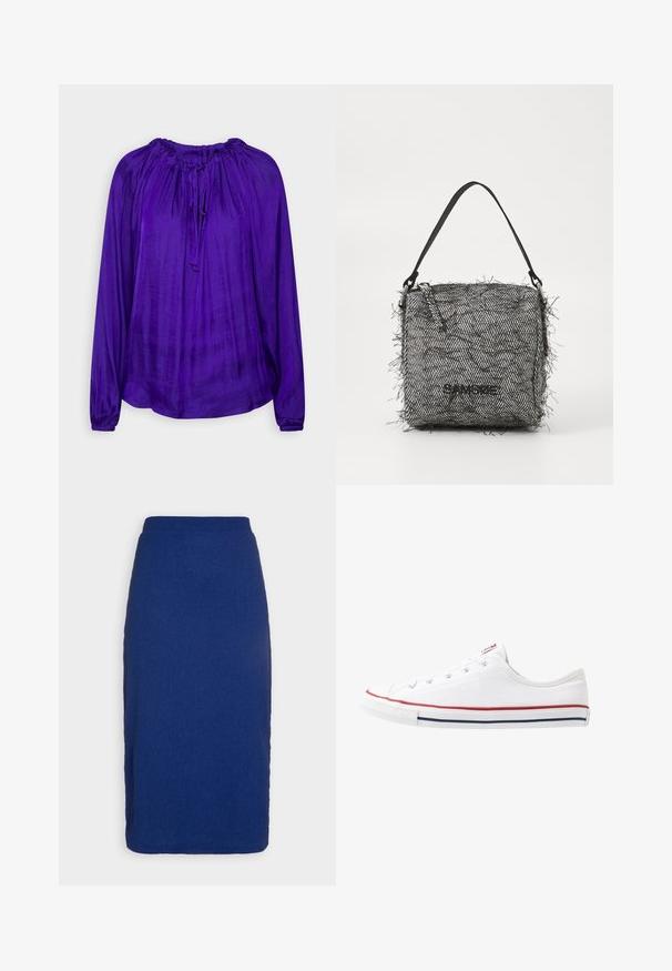 GAP BOW - Top s dlhým rukávom - blue; Pieces PCNALICIA MIDI SKIRT - sukňa v tvare A - mazarine blue; Biele plátenné tenisky s nízkym strihom a červenými a modrými akcentovými pruhmi, zaoblenou špičkou a gumovou podrážkou. Obsahuje šesť dierok na šnúrky.; Tkaná čierno-biela taška v herringbone vzore s třásňami na okrajoch, ktorá má tenký ramenný popruh a logo na prednej strane.