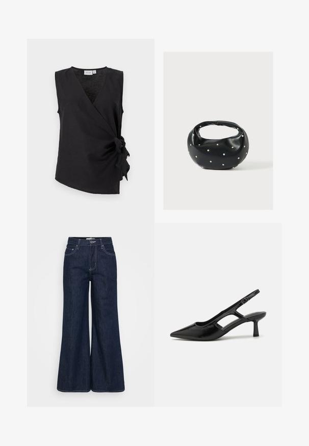 Top negro sin mangas de estilo envolvente con escote en V y detalle de lazo lateral, hecho de tela suave, con la etiqueta "VILA" en el escote.; Pantalones anchos de mezclilla oscura con cintura alta, con bolsillos delanteros, costuras en contraste y dobladillo limpio.; Tacones de slingback negros con punta afilada, hechos de material brillante, que presentan acentos recortados y un tacón moderado para mayor soporte.; Bolso de mano de cuero negro con forma redondeada, decorado con detalles de tachuelas plateadas y un asa corta. Textura lisa y cierre con cremallera.