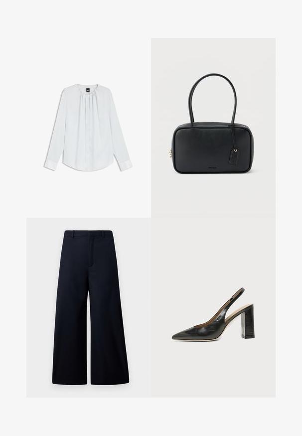 Blusa blanca de manga larga con escote plisado, botones frontales y puños ocultos, extendida sobre un fondo blanco.; Pantalones de pierna ancha en azul marino oscuro, hechos de una tela suave. Presentan una cinturilla plana, pliegue frontal y sin herrajes o patrones visibles.; Zapato slingback de piel negra con puntera puntiaguda, tacón alto y ancho, y forro interior beige sobre un fondo claro y liso.; Bolso rectangular negro con asas dobles redondeadas, cremallera dorada y logo "HUGO" en relieve en el frente con etiqueta de cuero adjunta.