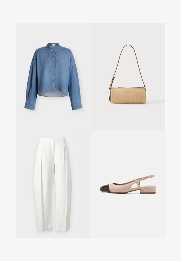 Blauw denim overhemd met lange mouwen, knoopsluiting vooraan, puntige kraag en gebogen zoom, getoond tegen een effen witte achtergrond.; Witte hoge taille broek met voorplooien, rechte losse pijpen en een verborgen voorsluiting, afgebeeld tegen een effen achtergrond.; Slingback schoen met een blush leren bovenwerk en een glanzend zwarte neus. Heeft een kleine blokhak en een verstelbare enkelband.; Beige cilindrische leren schoudertas met verstelbare zwarte band en gouden rits, met Michael Kors-logo op het front in het midden.