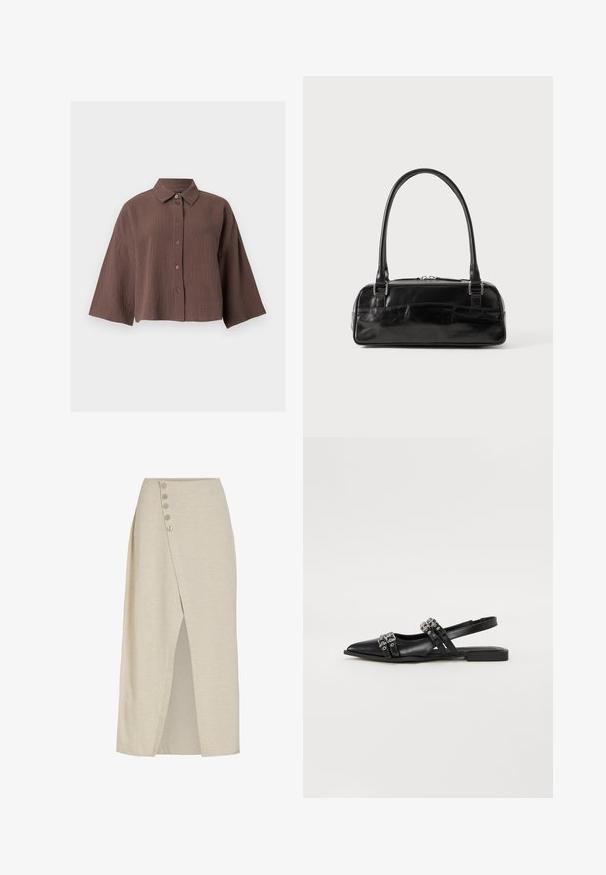 Brun krøllet tekstureret skjorte med knapper, brede ærmer og en klassisk krave mod hvid baggrund.; Beige midi omslagsnederdel med frontslids og fire knapper langs venstre linning, lavet af tekstureret stof.; Even&Odd by Zalando Slingback-ballerinasko - black; Sort læderhåndtaske med rektangulær form, der har et enkelt struktureret håndtag, sølvhardware og lynlås-lukning. Glat tekstur.