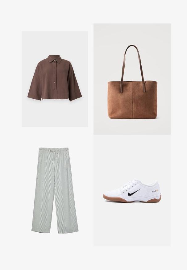 Chemise marron froissée texturée avec boutons, manches larges et col classique sur fond blanc.; Pantalons légers à jambes larges avec un motif rayé vertical vert et blanc. Présentent une taille élastique avec une fermeture à cordon.; Chaussure de football en salle Nike Total 90 III blanche avec logo swoosh noir et semelle en gomme, vue de profil sur un fond uni.; Sac cabas en daim marron avec deux longues lanières en cuir pour l'épaule, design simple et couture centrale visible sur un fond clair.