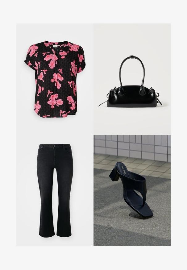 Schwarzes Kurzarmhemd mit einem floralen Muster in Pink, mit V-Ausschnitt und lockerer Passform, aus leichtem Material.; Schwarze Denim-Jeans mit mittelhohem Bund, vorderem Knopf, zwei Vorder- und zwei Hintertaschen sowie weiter Schnitt.; Schwarze Sandale mit Absatz, quadratischer Zehenpartie und breitem Riemen, auf grauem Asphalt nahe einer gefliesten Wand platziert.; Kleine schwarze glänzende Handtasche mit zwei langen Griffen und seitlichen Kordelzug-Details vor einfachem hellem Hintergrund.