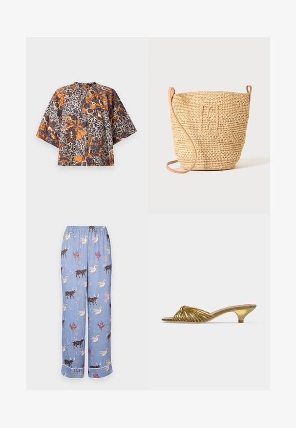 Blouse à manches courtes avec col montant, présentant un motif floral orange et bleu marine sur un fond abstrait blanc et noir.; Un pantalon de pyjama bleu avec un motif fantaisiste mettant en vedette des vaches, des créatures mythiques et des éléments célestes ; taille élastique et jambes larges.; Mule dorée à bout ouvert avec lanières, petit talon kitten et design noué sur fond blanc uni.; Sac seau en paille tressée avec motif texturé et bandoulière en cuir, présenté debout sur un fond clair uni.