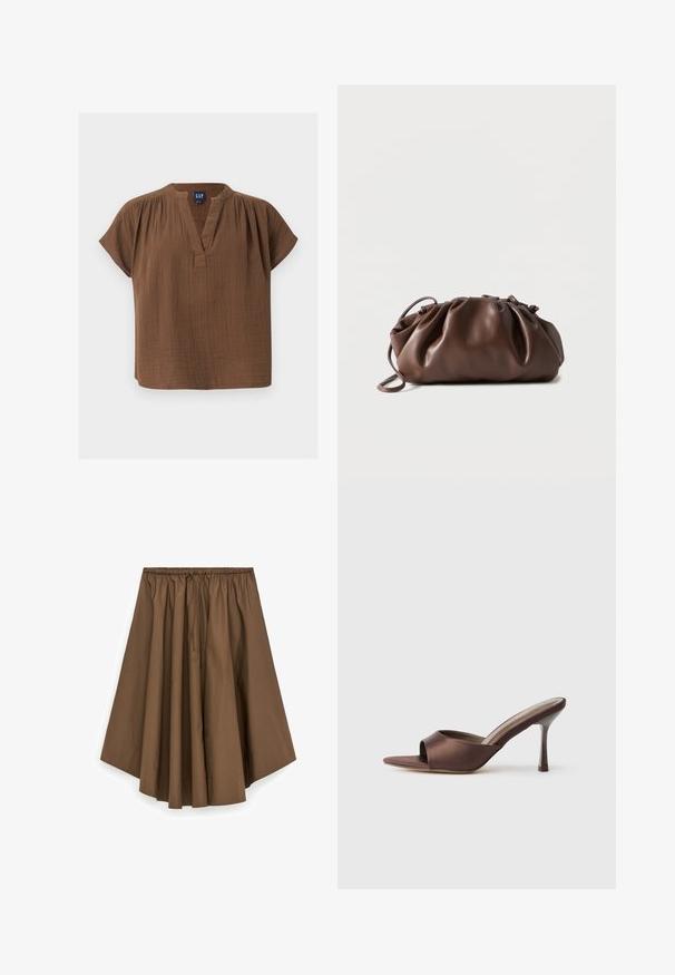 Blouse en coton marron à manches courtes, col en V et détails froncés aux épaules, étiquetée GAP, présentée sur un fond clair uni.; Jupe midi marron taille haute avec ourlet large, taille élastique froncée et cordon de serrage, en tissu lisse.; Mule en satin marron à bout ouvert avec un talon fin de hauteur moyenne et une conception à enfiler sur fond blanc uni.; Sacoche en cuir marron doux avec un haut froncé et une fine bandoulière, posée sur un fond blanc.