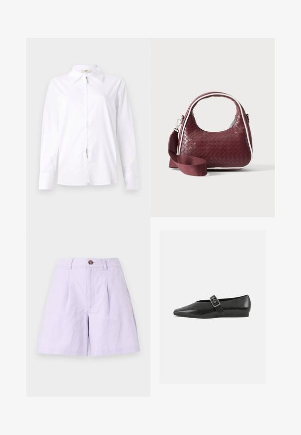 Chemise blanche à manches longues avec un col et une fermeture éclair sur le devant. Confectionnée dans un tissu lisse, elle a une coupe ajustée et des détails de poignets boutonnés.; Shorts lilas en tissu léger avec un devant plissé, une fermeture à bouton, des passants de ceinture et des poches latérales. Finitions nettes et design classique.; Chaussure plate en cuir noir avec un orteil pointu, présentant une sangle à boucle métallique sur le cou-de-pied et une semelle basse et flexible.; Sac à main en cuir tressé marron foncé avec poignée courbée, garniture blanche, fermeture éclair argentée et bandoulière large en tissu amovible sur fond uni.