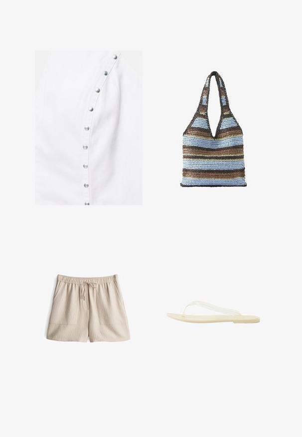 Weißer Stoff mit einer diagonalen Reihe aus silbernen Metall-Druckknöpfen, die ein Kleidungsstück schließen und die Textur und die Nahtdetails hervorheben.; Beige Shorts mit elastischem Bund und Kordelzug, aus strukturiertem Stoff mit zwei Fronttaschen. Mittlere Oberschenkel-Länge.; Beige flache Flip-Flop-Sandale mit dünnem transparentem Riemen über einer glatten Sohle, von der Seite vor weißem Hintergrund gezeigt.; Gehäkelte Tragetasche mit breiten Schulterriemen in horizontalen Streifen in Braun, Hellblau, Dunkelbraun und Beige.