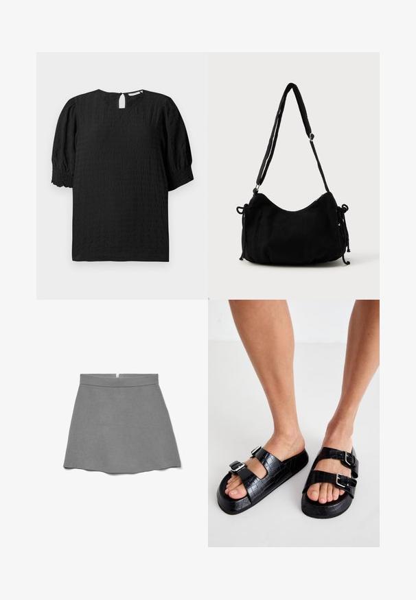 Zwarte, gestructureerde blouse met een ronde halslijn, korte pofmouwen en een sluiting met sleutelgat aan de achterkant. Beschikt over een subtiel ruitpatroon door de hele blouse.; Grijze rok van zachte stof, met een hoge taille, uitlopende vorm en een verborgen rits aan de achterkant.; Zwarte faux krokodillenembossed sandalen met twee verstelbare gespen. Dikke zool en open teen ontwerp. Textuur oppervlak en platte vorm.; Zwarte corduroy schoudertas met een gebogen vorm, een verstelbare schouderband en trekkoordsluitingen aan beide zijkanten voor maataanpassing.
