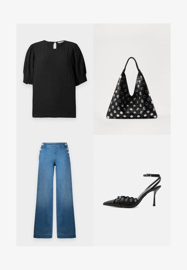 Blusa negra texturizada con cuello redondo, mangas cortas abullonadas y cierre en la parte posterior tipo ojo de cerradura. Presenta un sutil patrón de cuadrícula en todo su diseño.; Pantalones de mezclilla azul de pernera ancha con cintura alta, acentos laterales abotonados y bajo recto. La tela tiene una textura suave con ligero desgaste.; Zapato de tacón alto negro con punta fina, bordes ondulados, ojales metálicos, cordones delanteros y una correa en el tobillo con cierre de hebilla.; Bolso de cuero negro con forma triangular, adornado con puntos metálicos plateados y un asa texturizada. Acabado suave en general.