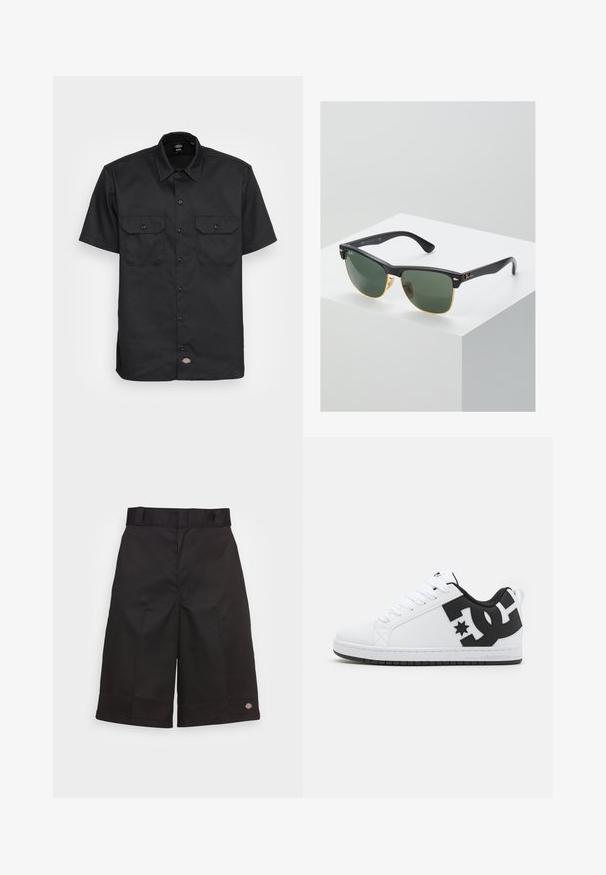 Chemise noire à manches courtes en tissu lisse ; présente deux poches poitrine avec rabat, fermeture à bouton et un col classique.; Shorts en coton noirs à coupe droite, longueur genou, arborant un logo de marque visible sur l'ourlet et une texture lisse.; Baskets blanches avec un dessus synthétique lisse, ornées d'accents de logo noirs et d'une semelle en caoutchouc. Design à lacets, forme de bout arrondi.; Lunettes de soleil Ray-Ban avec des verres verts, monture en plastique noir et accents dorés sur les bords. Forme carrée avec une finition mate.