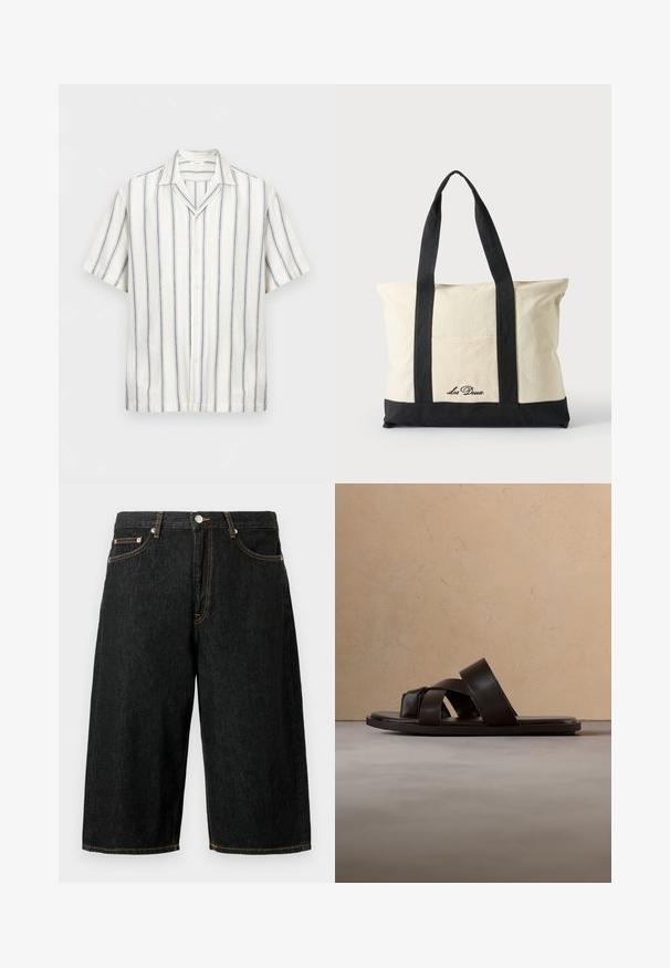 Chemise blanche à manches courtes avec boutons, dotée de fines rayures verticales noires et bleues, et d'un col camp, présentée sur un fond uni.; Shorts en denim noir jusqu'au genou avec poches avant, passants pour ceinture, fermeture par bouton et surpiqûres contrastantes jaunes.; Sandale glissante en cuir noir avec trois sangles croisées, semelle plate et texture lisse, suspendue au-dessus d'un tapis en fibres naturelles tissées.; Sac fourre-tout en toile avec longues anses noires, bordure noire en bas et poche avant avec logo "Les Deux" en écriture noire.